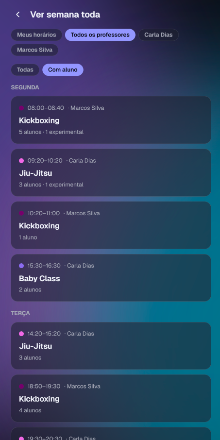App mostrando a semana toda com as turmas de cada professor